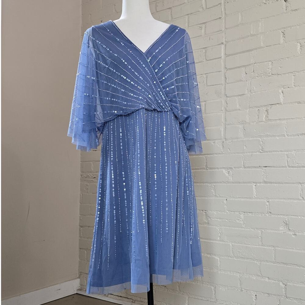 ​Periwinkle Blue Silver Beaded Cape Sleeve Cocktail Dress Special Occasion